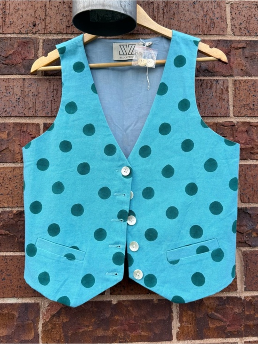 SZ Blockprints Polka Dot Suit Vest Blue Green Cotton Women’s Medium Preppy Twee